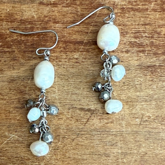 Silver Tone and Freshwater Pearl Dangle Earrings - Picture 3 of 10